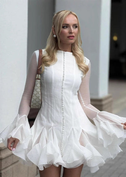 Sheer Mesh Sleeve Button-Front Tiered Organza Ruffle Mini Dress