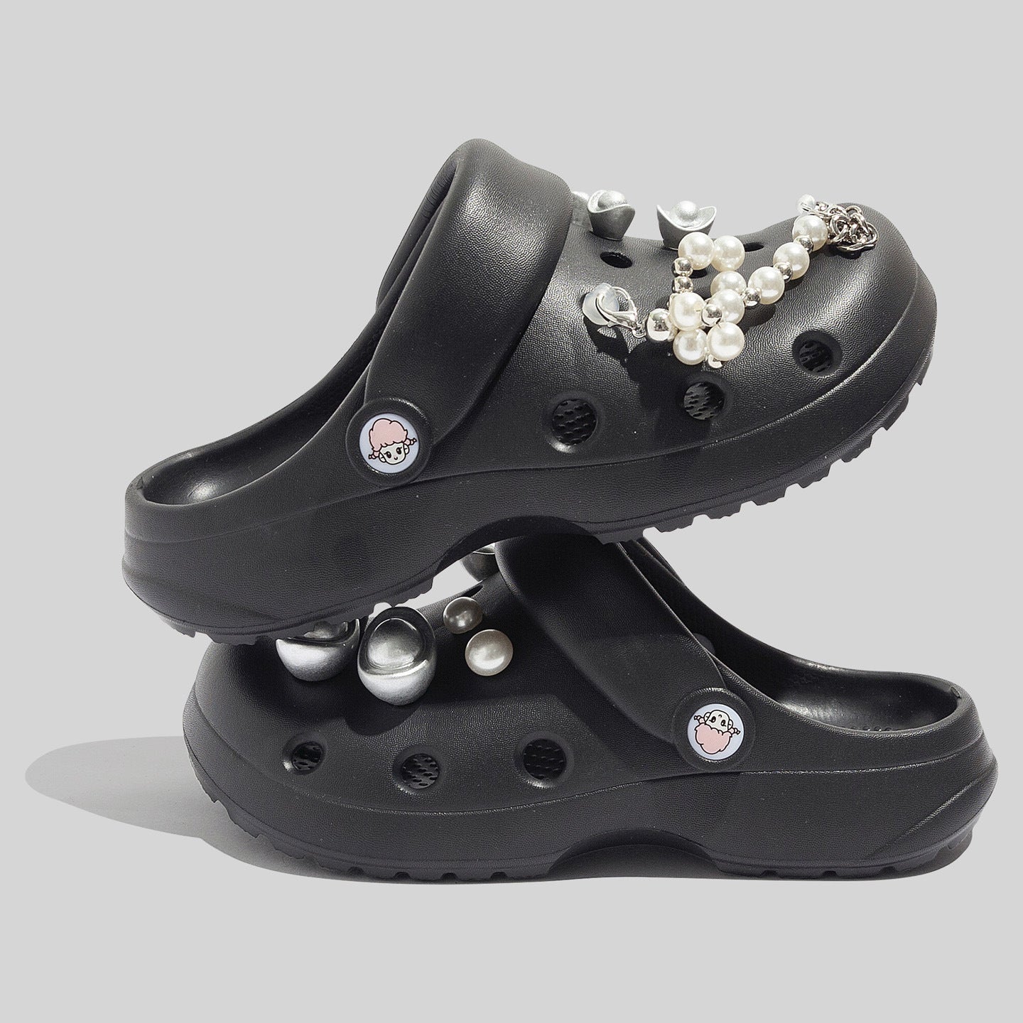 Women's Durable Black Clogs With Decorative Pearls And Beads