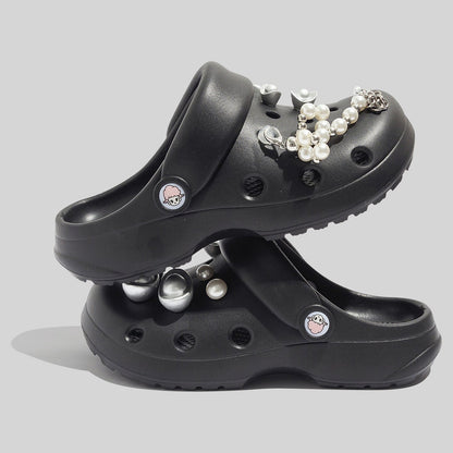 Women's Durable Black Clogs With Decorative Pearls And Beads