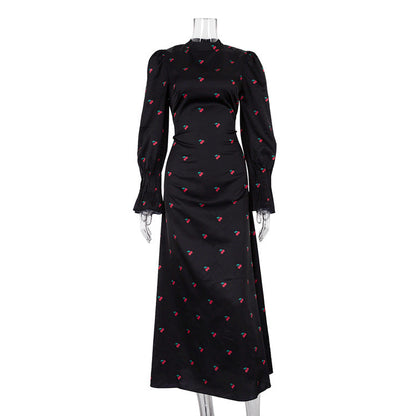 Printed round Neck Long Sleeved Dress Waist Controlled Drape Satin Dress