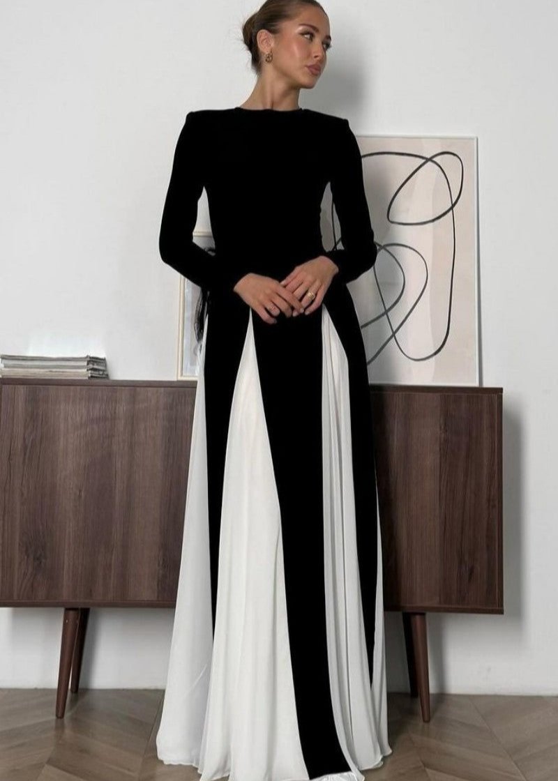 Crew Neck Long Sleeve Contrast Pleated Godet Panel Fit and Flare Maxi Dress