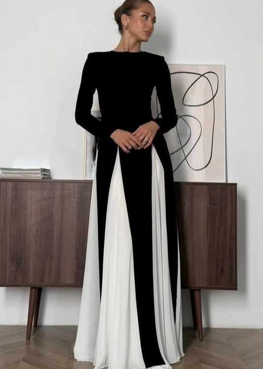Crew Neck Long Sleeve Contrast Pleated Godet Panel Fit and Flare Maxi Dress