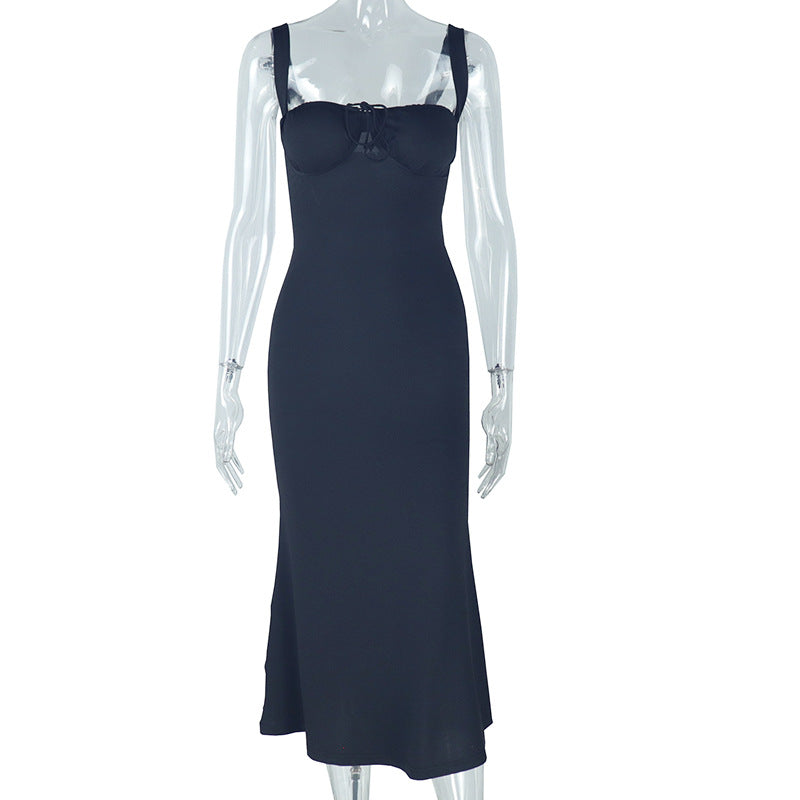 Elegant Strap Solid Color Fishtail Dress Sleeveless off Neck Length Dress