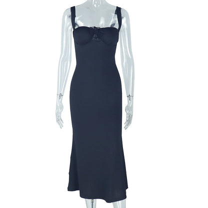 Elegant Strap Solid Color Fishtail Dress Sleeveless off Neck Length Dress