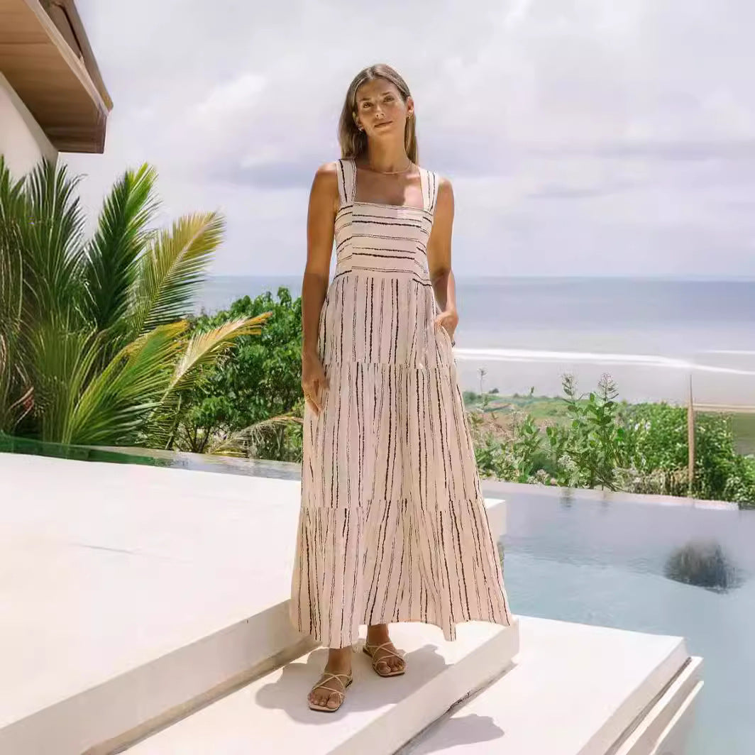 Square Neck Tiered Abstract Stripe Print Spaghetti Strap Maxi Dress