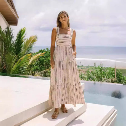 Square Neck Tiered Abstract Stripe Print Spaghetti Strap Maxi Dress