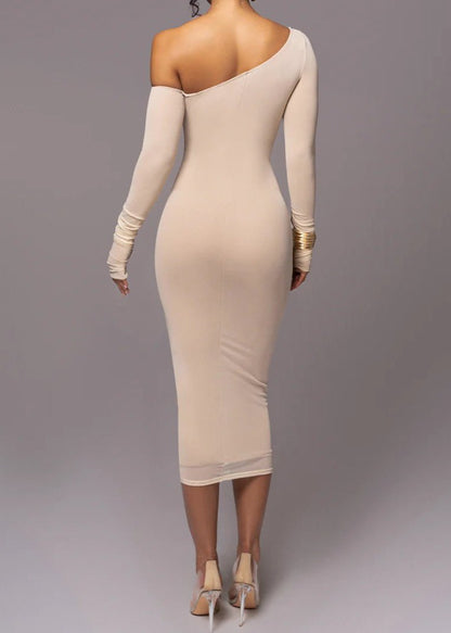 One Shoulder Long Sleeve Ruched Contrast Piping Bodycon Midi Dress