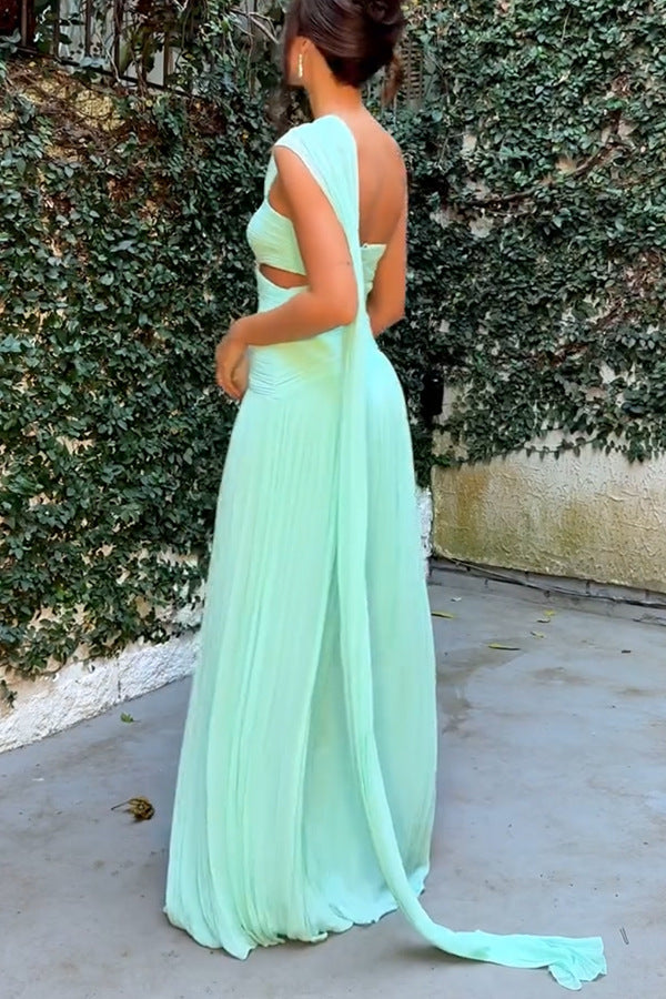 Forest Muse Chiffon Pleated Off Shoulder Cutout Waist Cape Maxi Dress