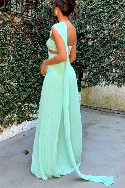 Forest Muse Chiffon Pleated Off Shoulder Cutout Waist Cape Maxi Dress