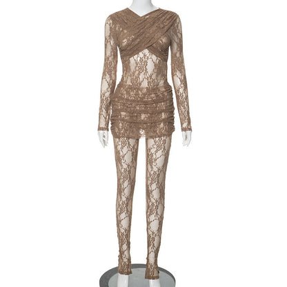 Patchwork Lace See through Short Dress Two Piece Set