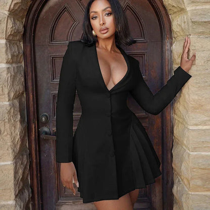 Women Deep V Pleated Blazer Dress – White Suit Collar Short Ruffle Mini Dress