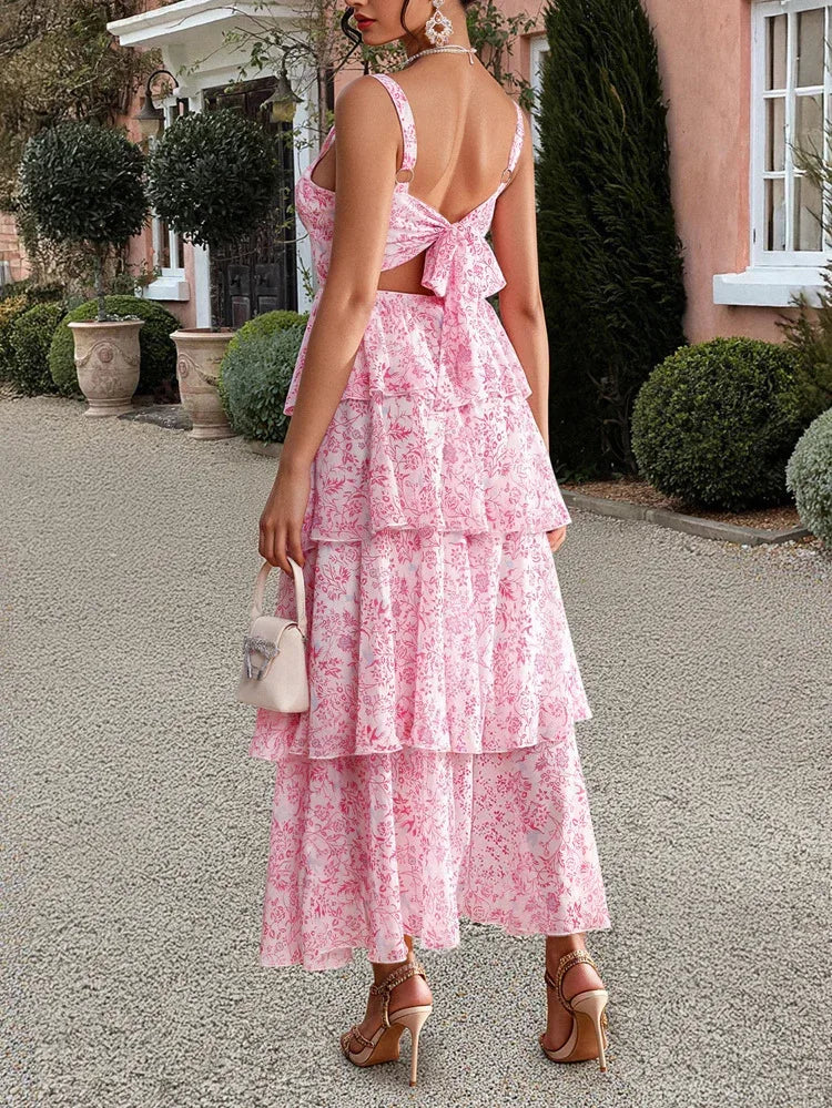 Tiered Chiffon Maxi Dress Pink Floral Ruffle