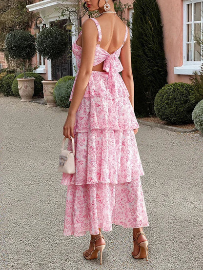 Tiered Chiffon Maxi Dress Pink Floral Ruffle