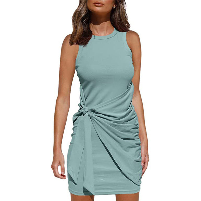 Crew Neck Side-Tie Knot Ruched Tank Bodycon Mini Dress