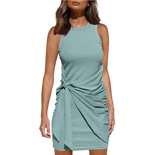 Crew Neck Side-Tie Knot Ruched Tank Bodycon Mini Dress