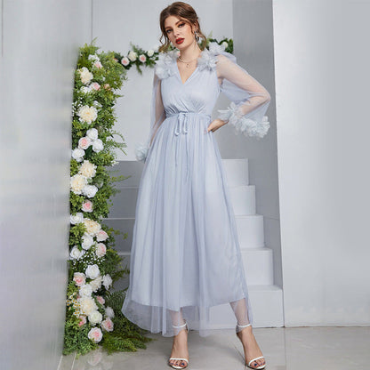 Fairy Dress V neck Long Sleeve High Waist Applique Long Lace Dress