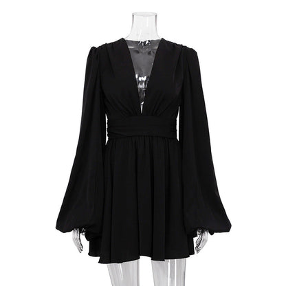 French Puff Sleeve High Waist Dress V Neck Abdomen Control Black Short Dress