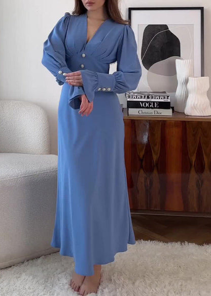 Deep V Neck Puff Sleeve Pearl Button Structured Waist Midi Dress