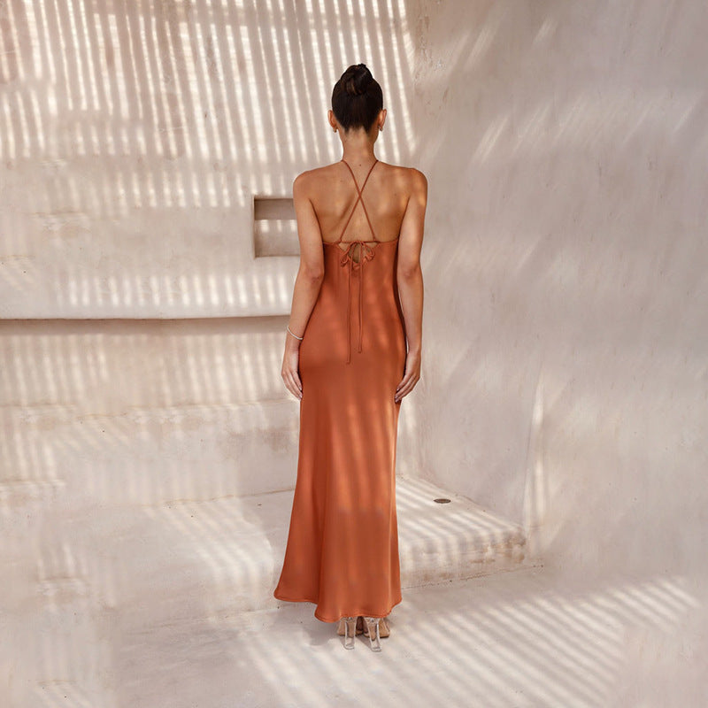 Satin Halter Neck Slip Backless Maxi Dress