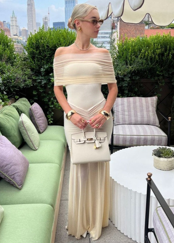 Off-Shoulder Ruched Mesh Overlay Pleated Sheer Skirt Bodycon Maxi Gown