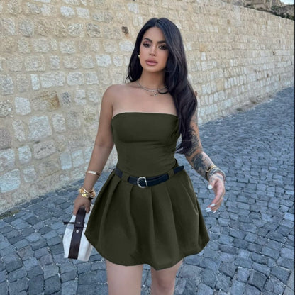 Bandeau One Shoulder Waist Trimming Solid Color Dress No Belt
