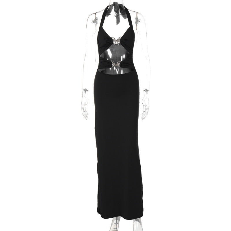 Metal Butterfly Cutout Halter Dress