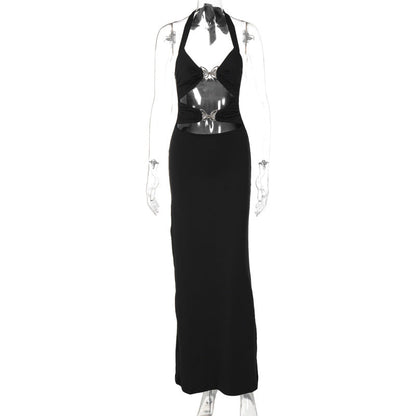 Metal Butterfly Cutout Halter Dress