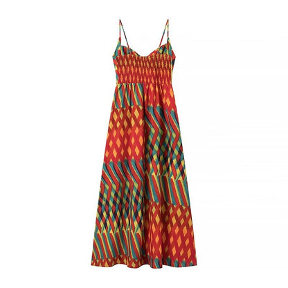 Spaghetti Strap Contrast Print Swing Maxi Vacation Dress
