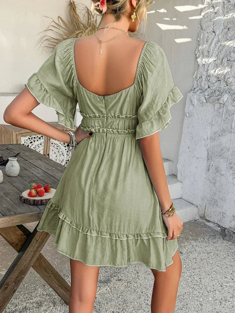 Green Ruffle Ruched Mini Dress Short Frilly