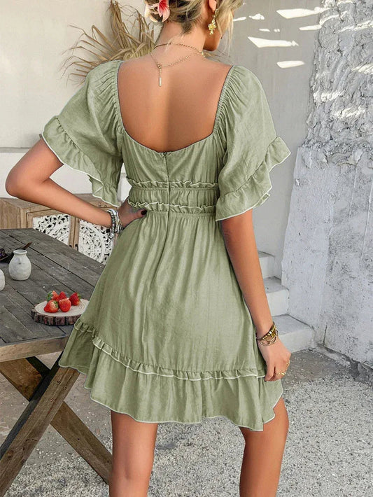 Green Ruffle Ruched Mini Dress Short Frilly