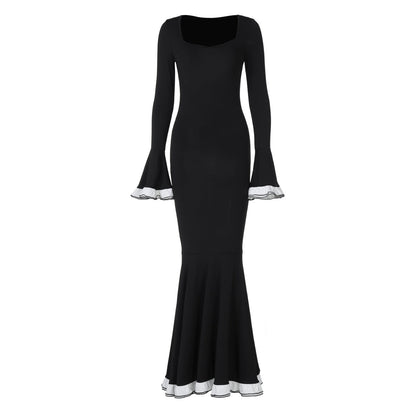 French  Slim Solid Color Slimming Bell Sleeve Dress