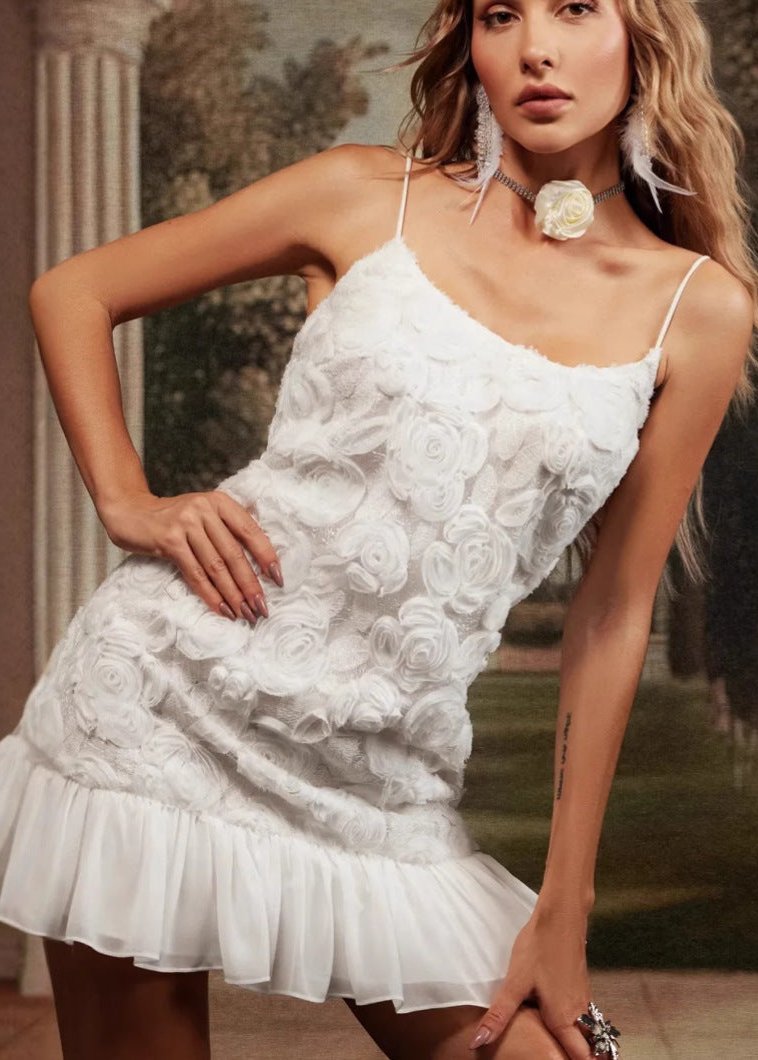 Spaghetti Strap 3D Floral Applique Chiffon Ruffle Hem Bodycon Mini Dress