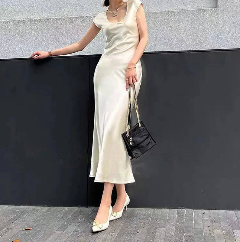 Bias Cut Satin Silk Long Dress Women Summer Maxi Triacetate