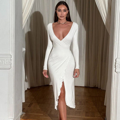 Deep V Plunge Long Sleeve Waist Tight High Slit Dress