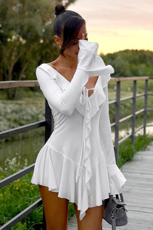 Ruffle Trim Tie Front Keyhole Long Sleeve Tiered Fit and Flare Mini Dress