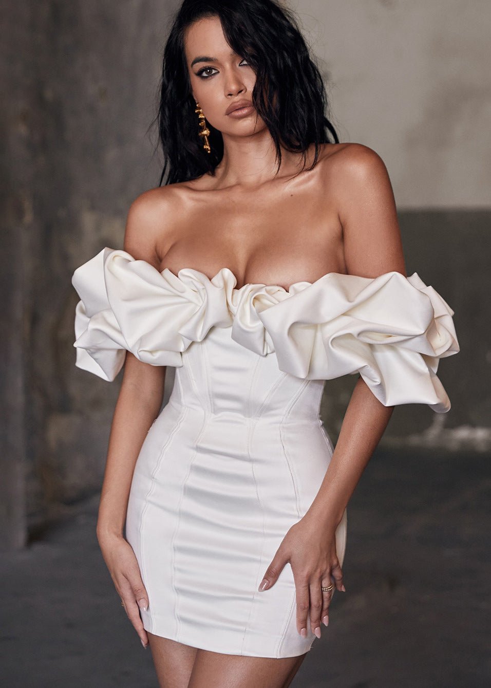 Off Shoulder Structured Ruffle Neckline Corset Panel Mini Dress
