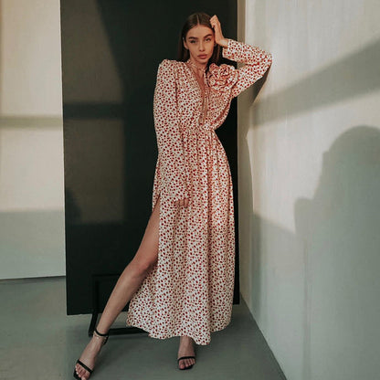 Early Floral Dress Deep V Plunge-neck Lace Up Waist Side Slit Dress