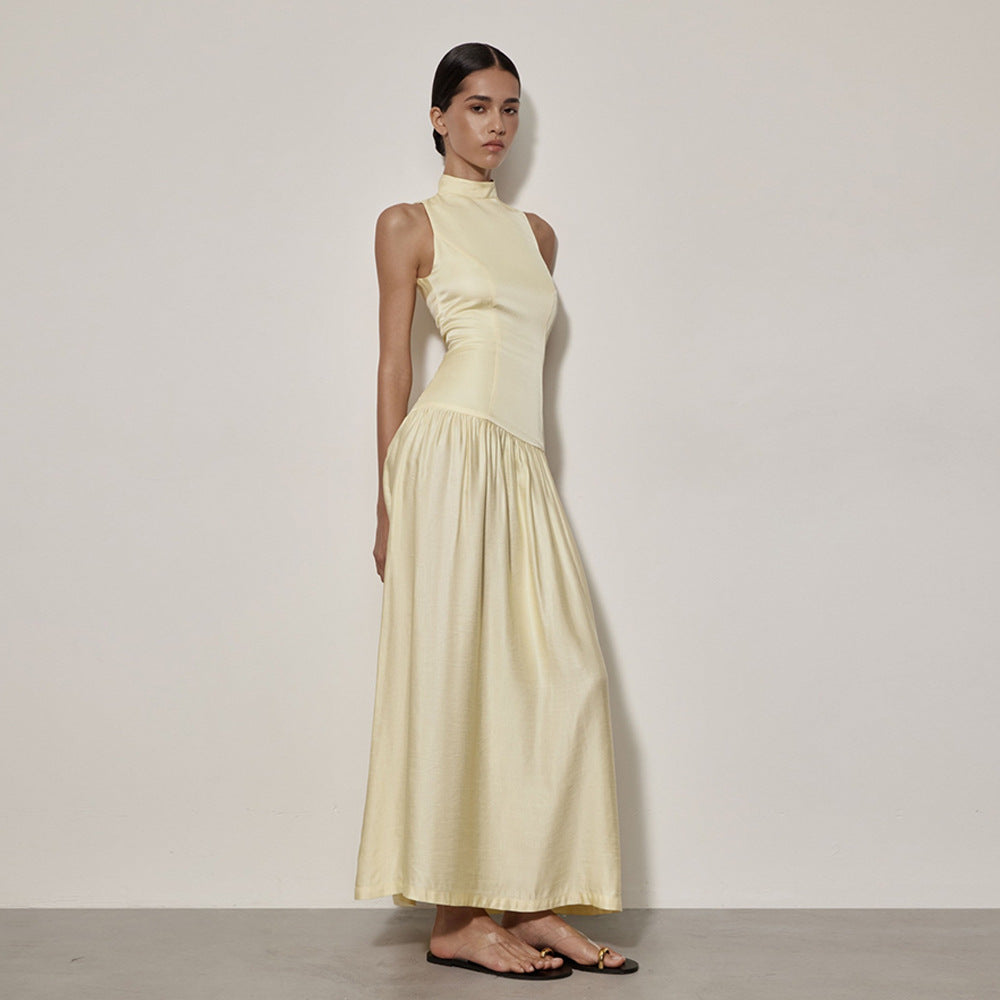 Round Neck Dress Sleeveless Backless Slim Fit Satin Dress