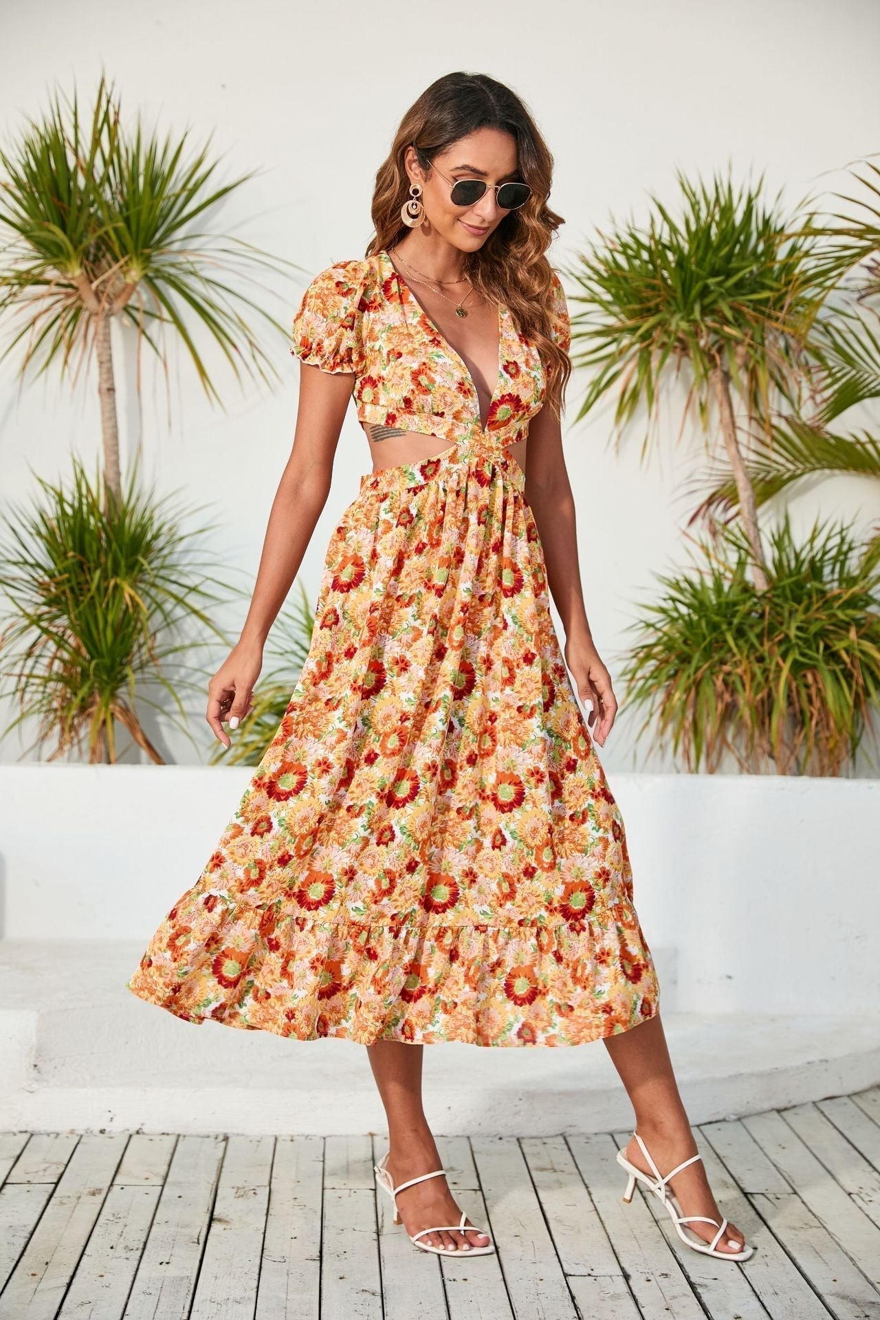 Deep V Neck Puff Sleeve Waist Cutout Gathered Front Ruffle Hem Floral Midi Dress