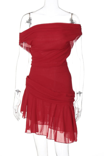 One Shoulder Ruched Draped Chiffon Tiered Asymmetrical Hem Mini Dress