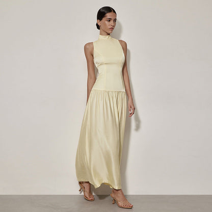 Round Neck Dress Sleeveless Backless Slim Fit Satin Dress