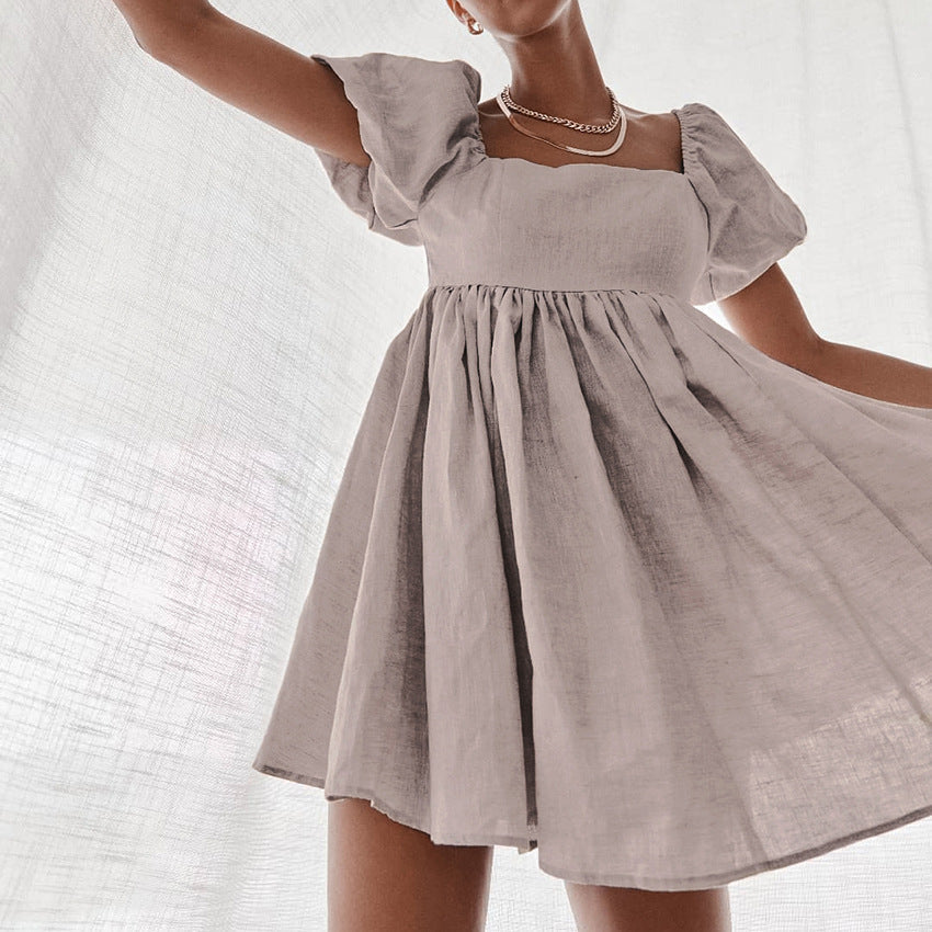 Square Neck Puff Sleeve Linen Babydoll Mini Dress