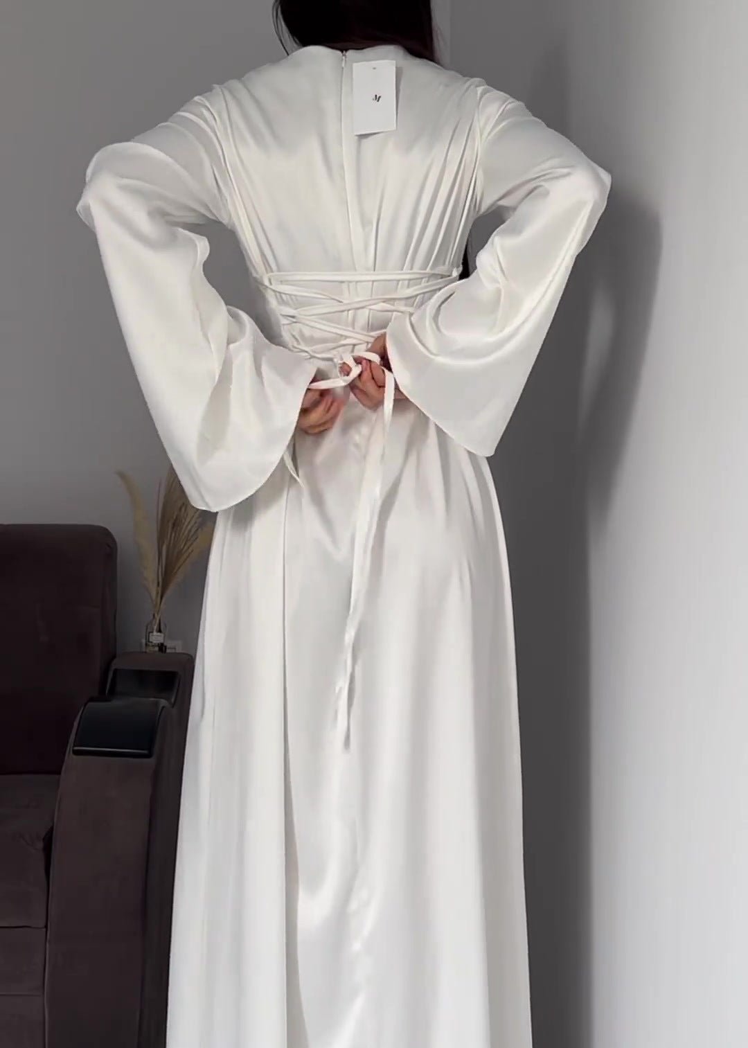Crew Neck Bell Sleeve Satin Column Floor Length Maxi Gown
