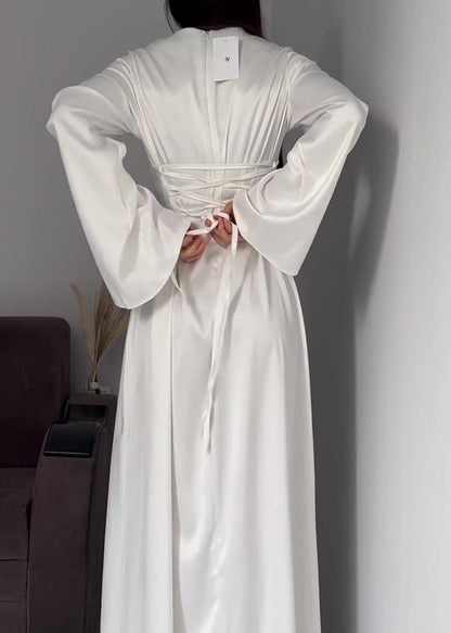 Crew Neck Bell Sleeve Satin Column Floor Length Maxi Gown