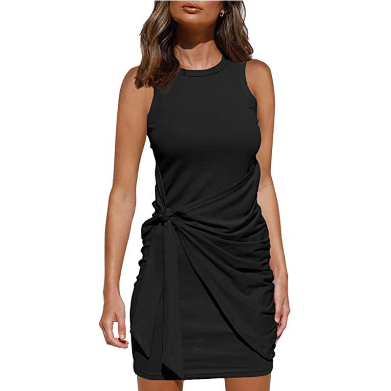 Crew Neck Side-Tie Knot Ruched Tank Bodycon Mini Dress