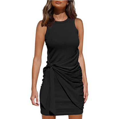 Crew Neck Side-Tie Knot Ruched Tank Bodycon Mini Dress