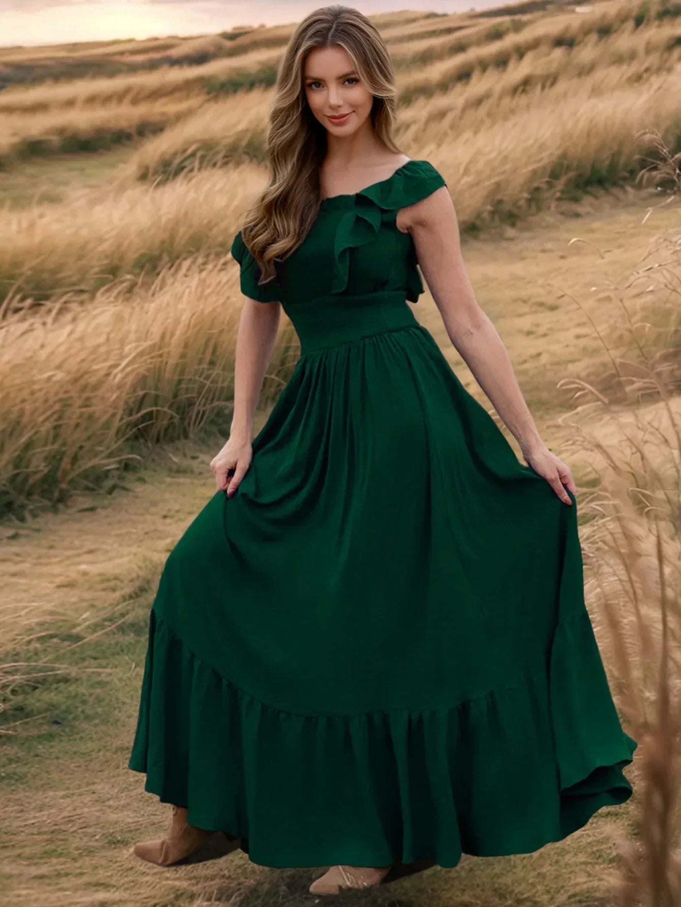 Green Ruffle Maxi Dress for Petite Women Wedding Gown