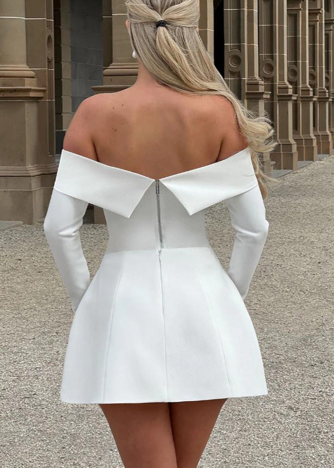 Off Shoulder Foldover Collar Long Sleeve Pocket Flap Structured Fit and Flare Mini Dress
