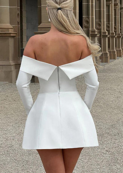 Off Shoulder Foldover Collar Long Sleeve Pocket Flap Structured Fit and Flare Mini Dress