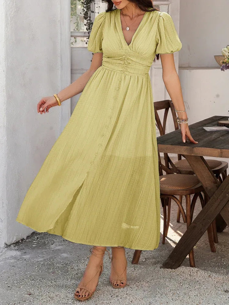 v-neck button-front puff sleeve midi yellow dress